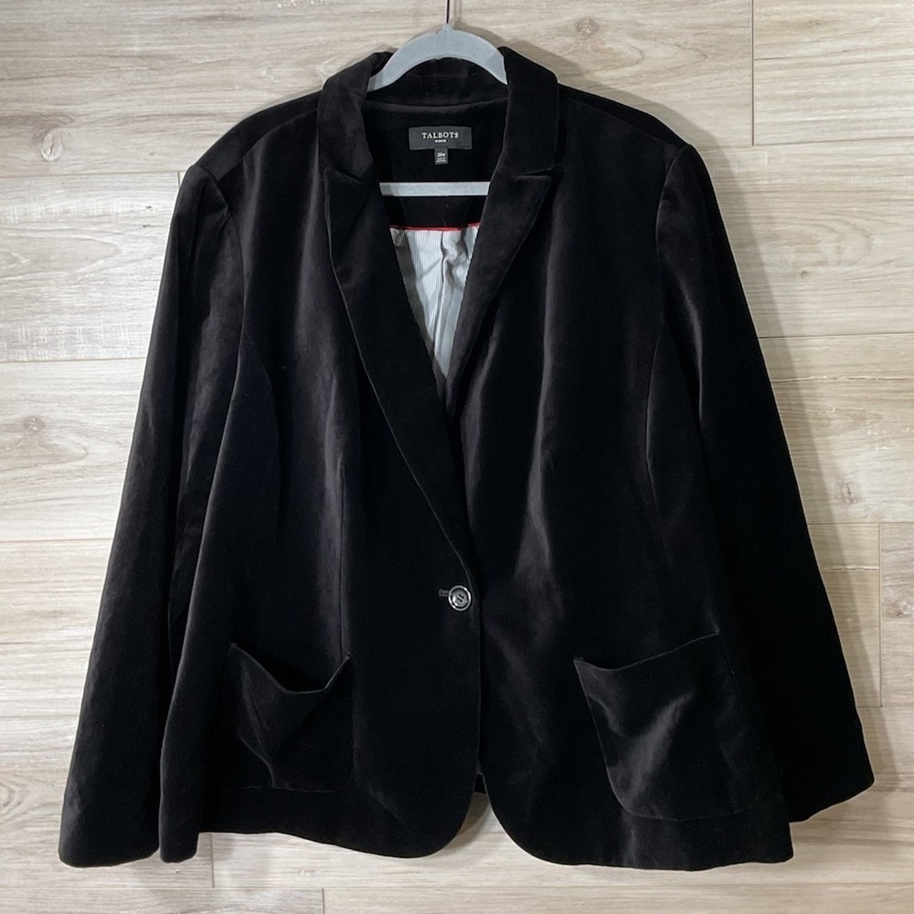 Talbots Women Velvet Blazer Jacket Size 20W Black 1 Button Stretch Preppy Office
